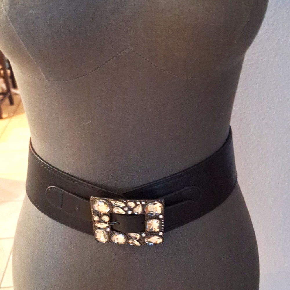 Black belt with rhinestone buckle. Functional buckle with BLK elastic back. XL